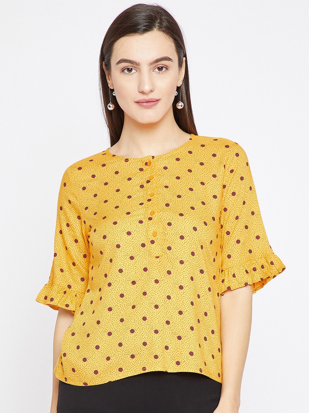 

Carlton London Women Yellow & Maroon Polka Dots Printed Round Neck Top