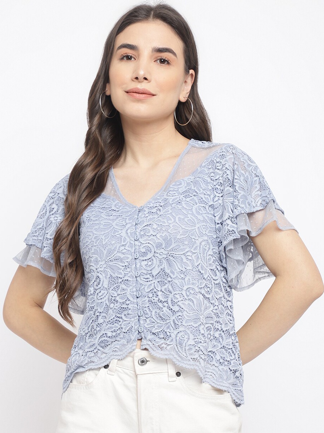 

Latin Quarters Woman Half Sleeve Lace Top, Grey