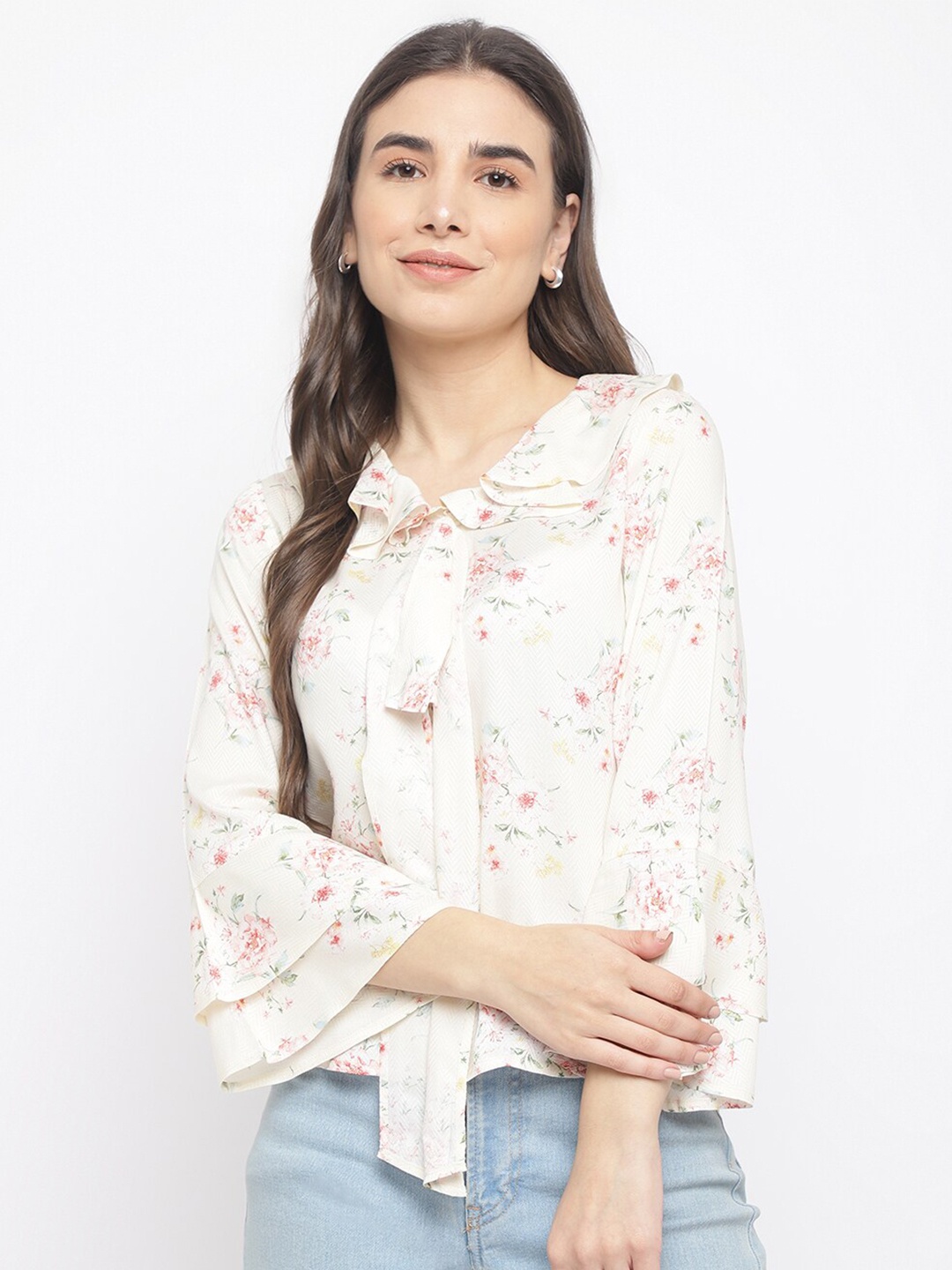 

Latin Quarters Women White & Red Floral Print Tie-Up Neck Top