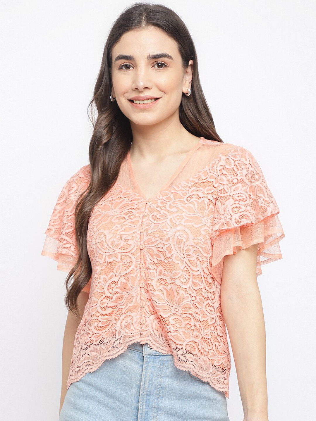 

Latin Quarters Woman Lace-Up V- Neck Top, Peach