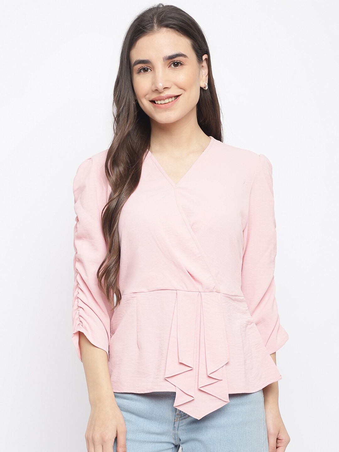 

Latin Quarters Women Pink Solid Wrap Top