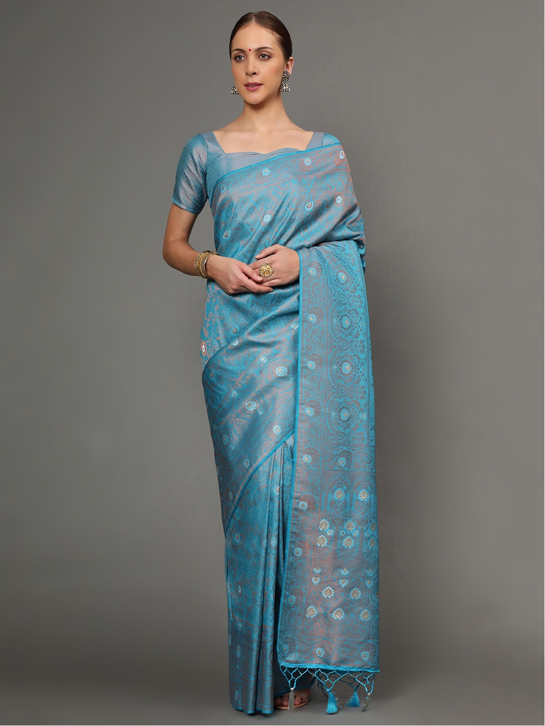 

Ekta Textiles Women Blue & Copper-Toned Woven Design Pure Silk Banarasi Saree