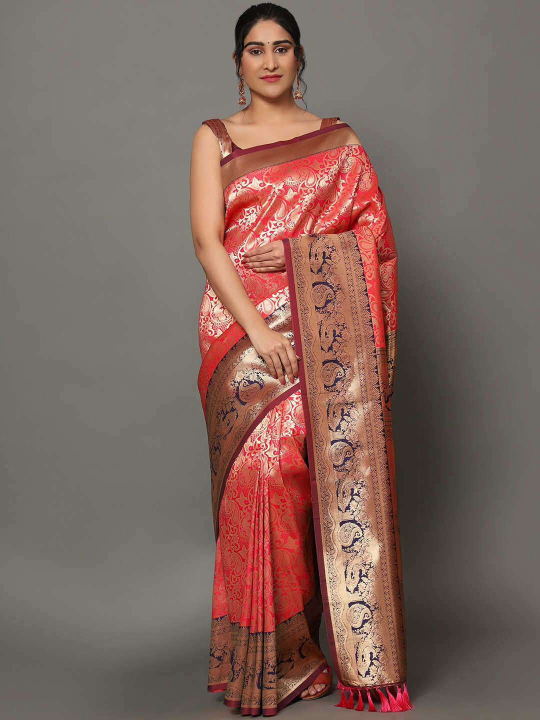 

Ekta Textiles Women Pink & Blue Paisley Zari Pure Silk Banarasi Saree