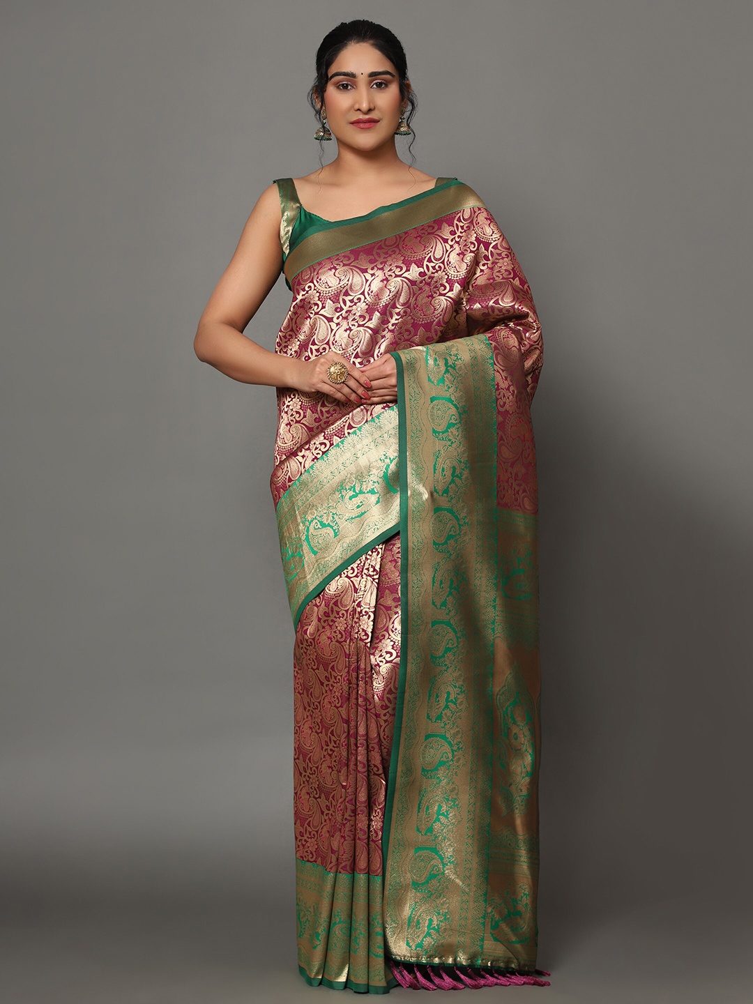 

Ekta Textiles Women Green & Maroon Woven Design Zari Pure Silk Banarasi Saree