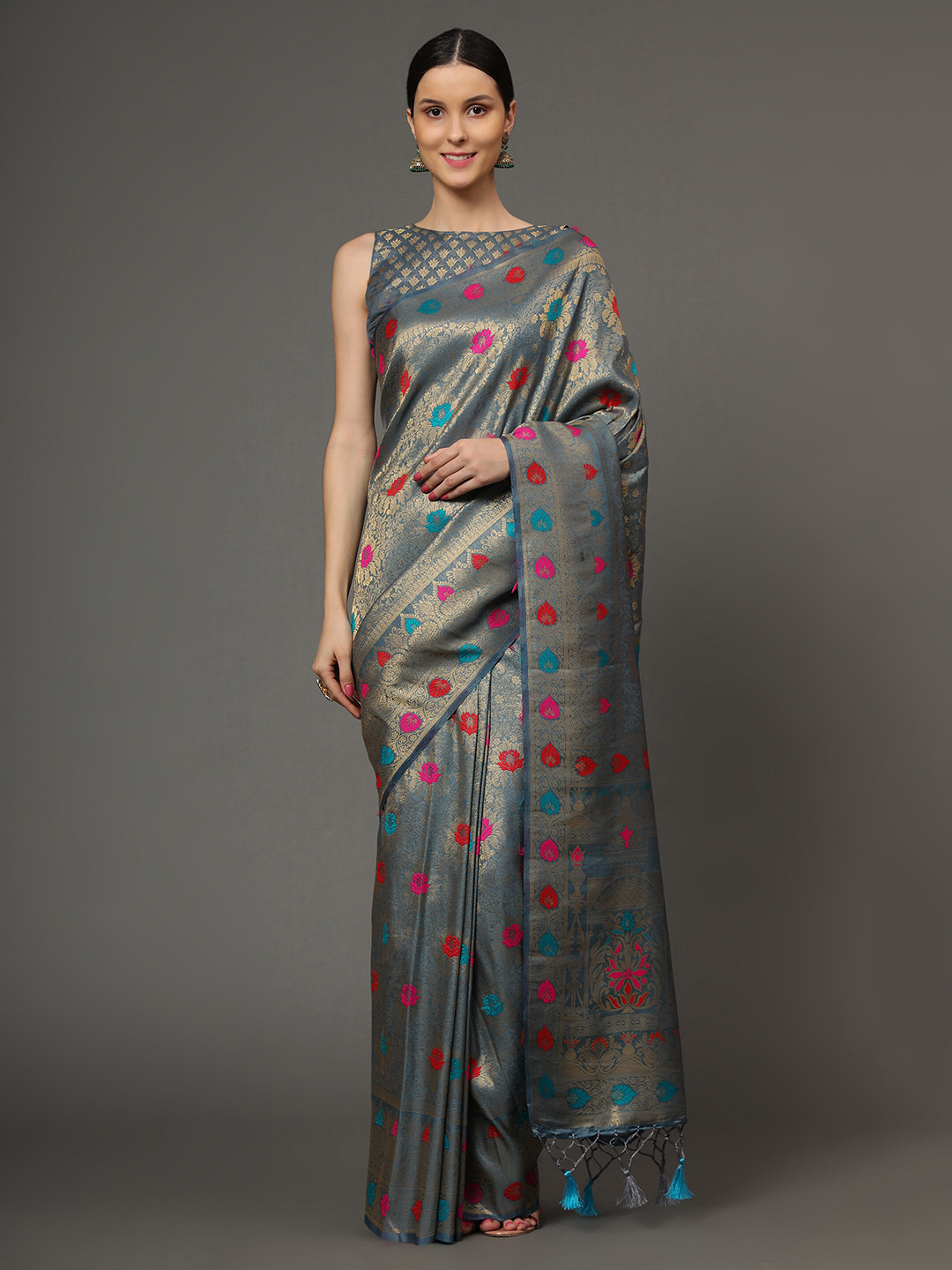 

Ekta Textiles Women Grey & Copper-Toned Woven Design Zari Pure Silk Banarasi Saree