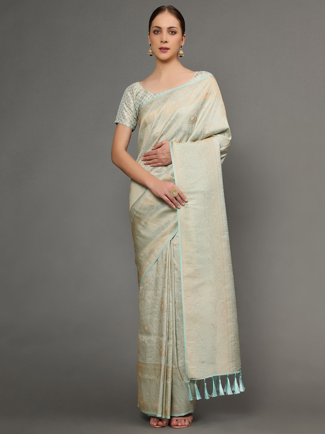 

Ekta Textiles Women Sea Green & Gold-Toned Woven Design Zari Pure Silk Banarasi Saree