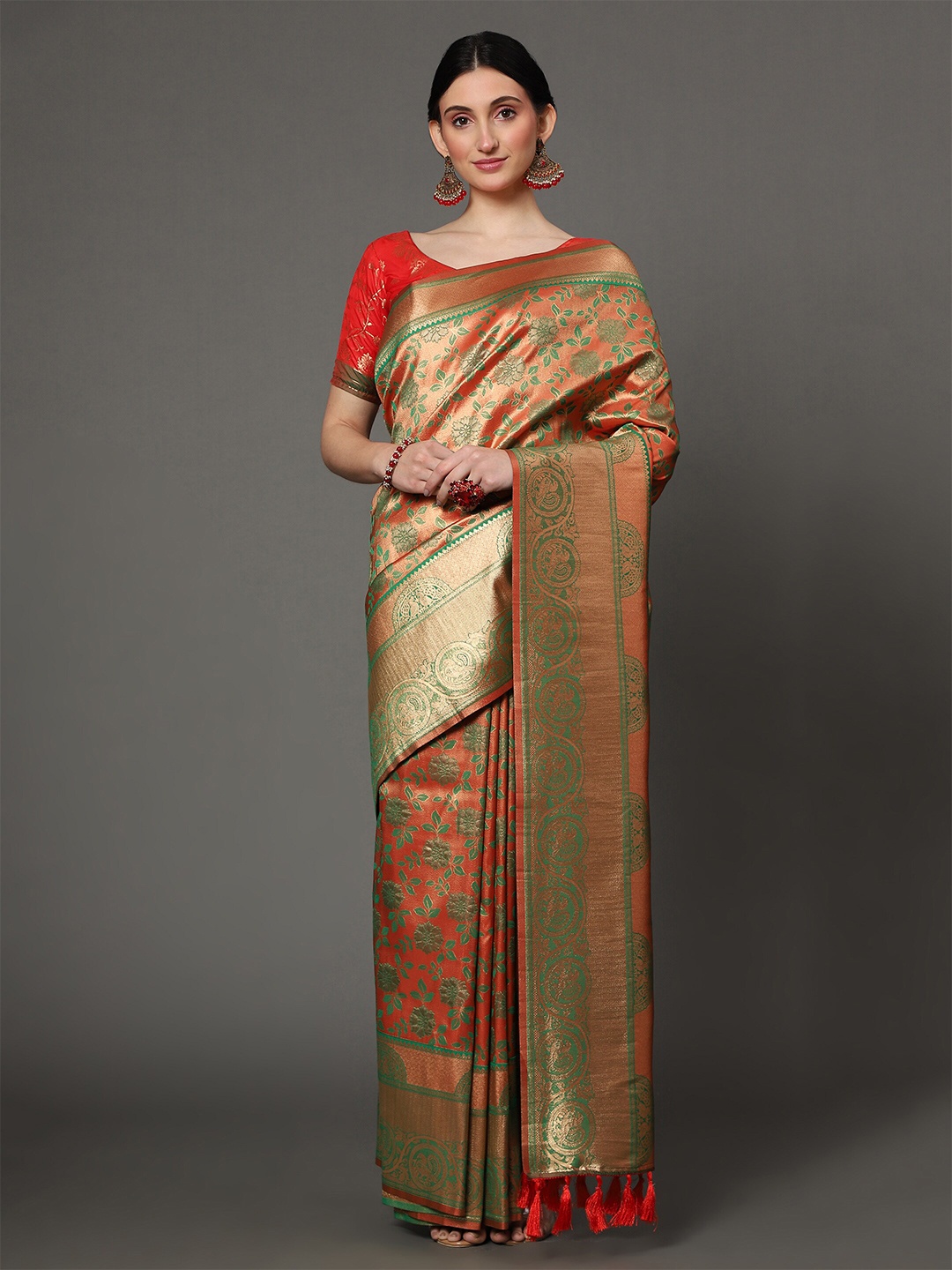 

Ekta Textiles Women Red & Gold-Toned Woven Design Zari Pure Silk Banarasi Saree