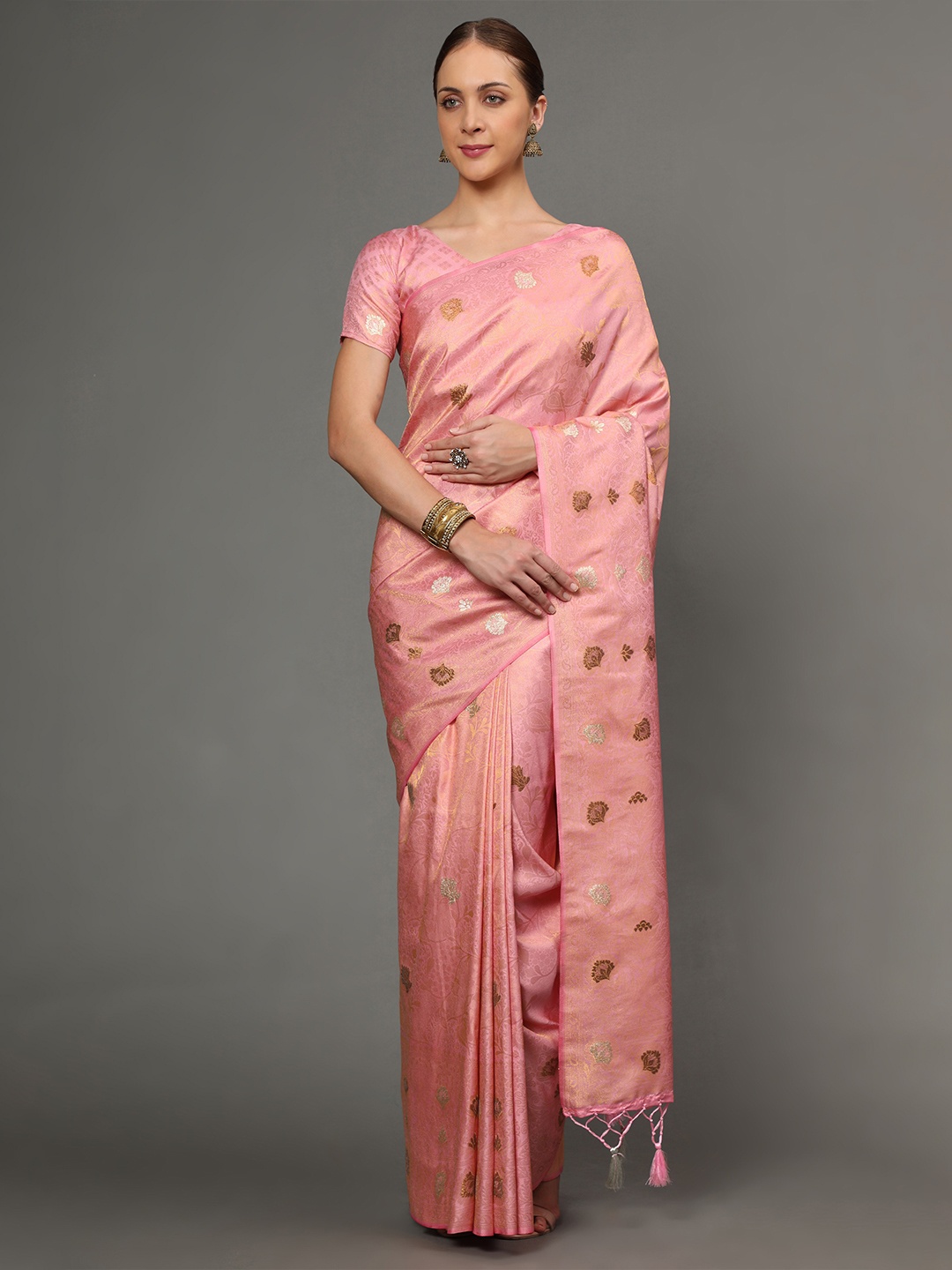 

Ekta Textiles Pink & Grey Ethnic Motifs Zari Pure Silk Banarasi Saree