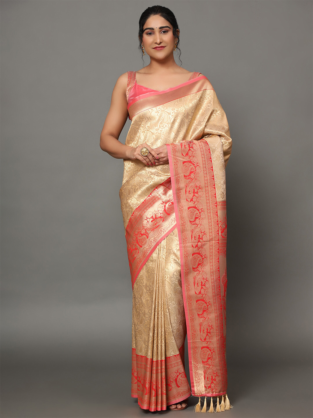

Ekta Textiles Cream-Coloured & Red Woven Design Zari Pure Silk Banarasi Saree