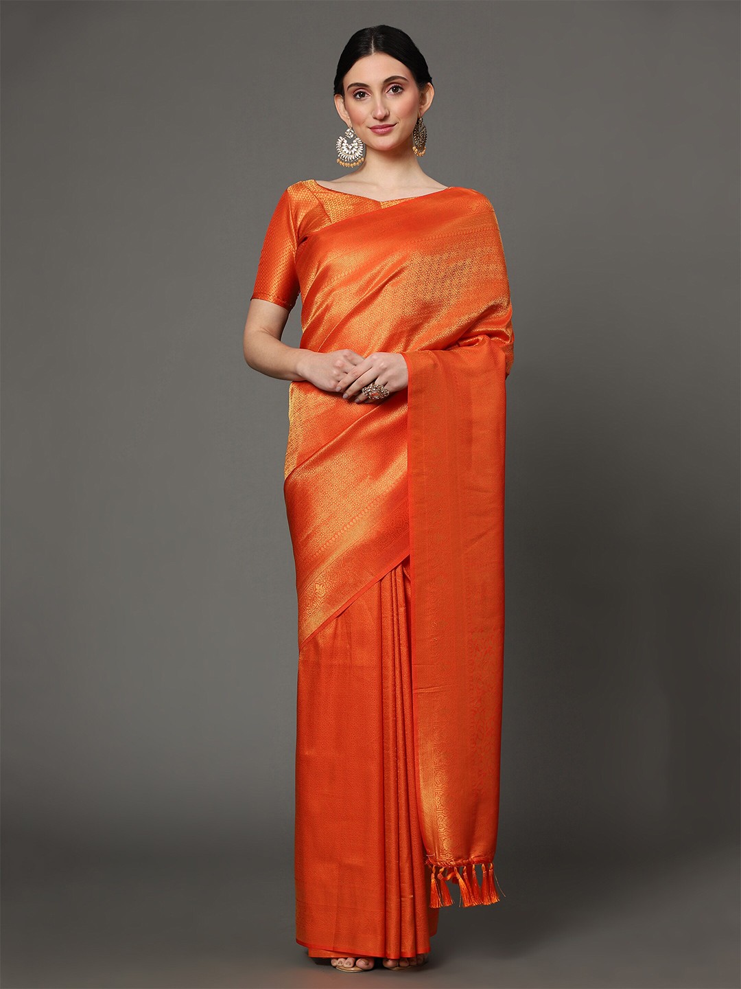 

Ekta Textiles Orange & Gold-Toned Woven Design Zari Pure Silk Banarasi Saree