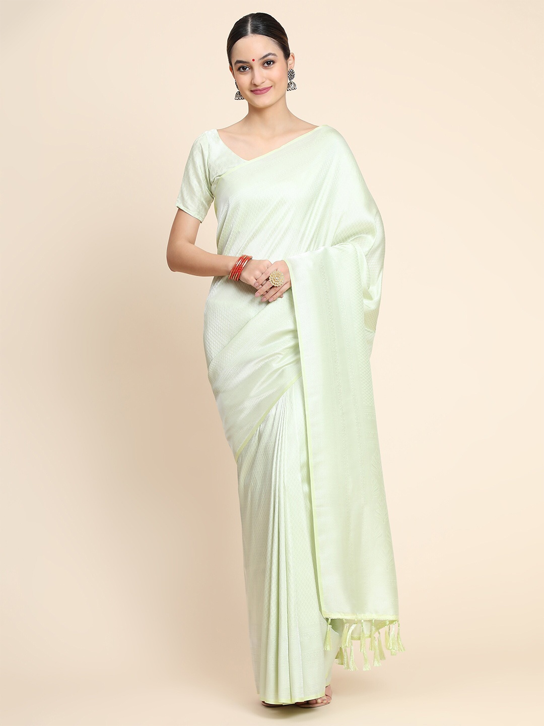 

Ekta Textiles Yellow & Silver-Toned Woven Design Zari Pure Silk Banarasi Saree