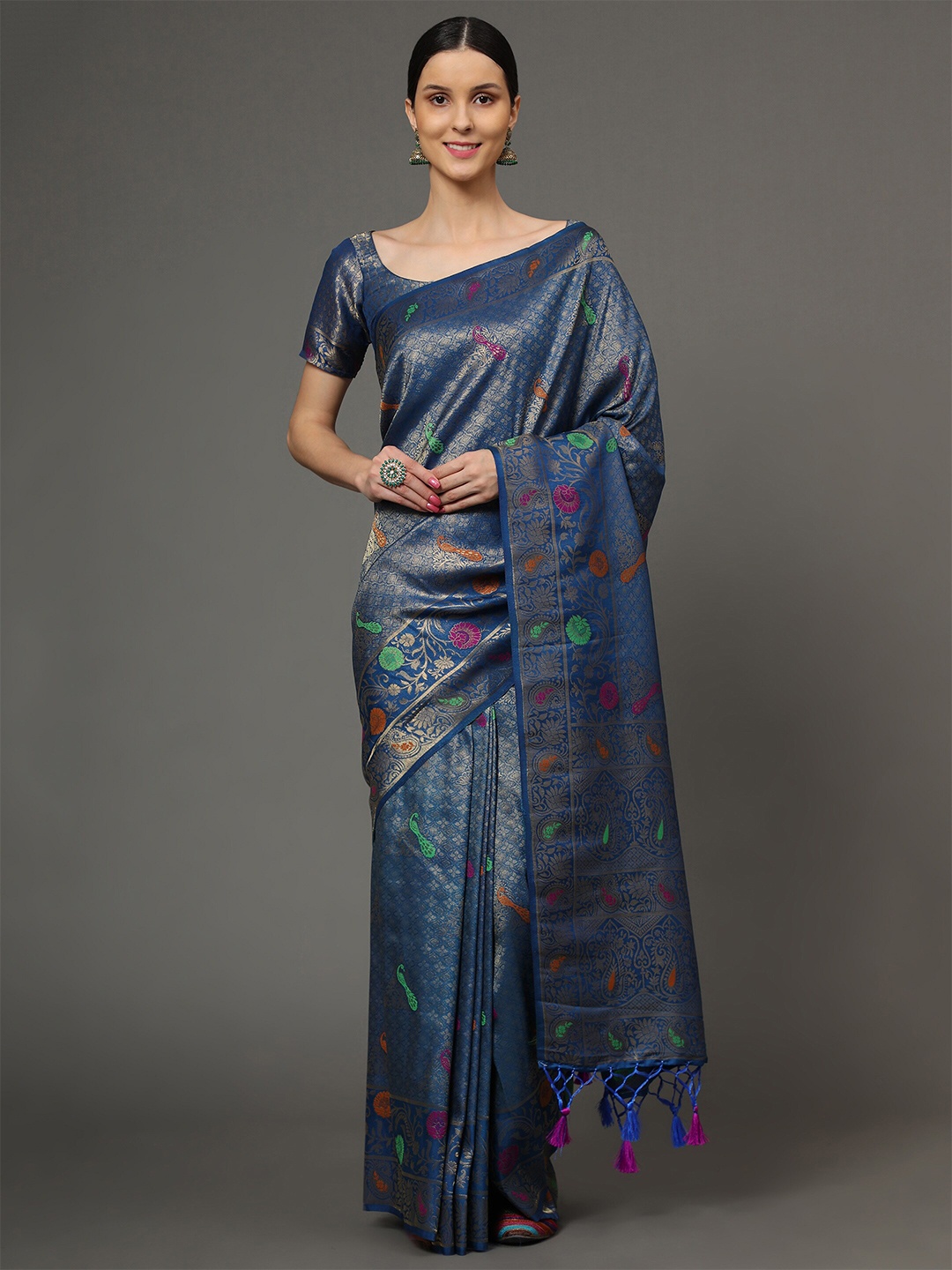 

Ekta Textiles Blue & Gold-Toned Floral Zari Pure Silk Banarasi Saree