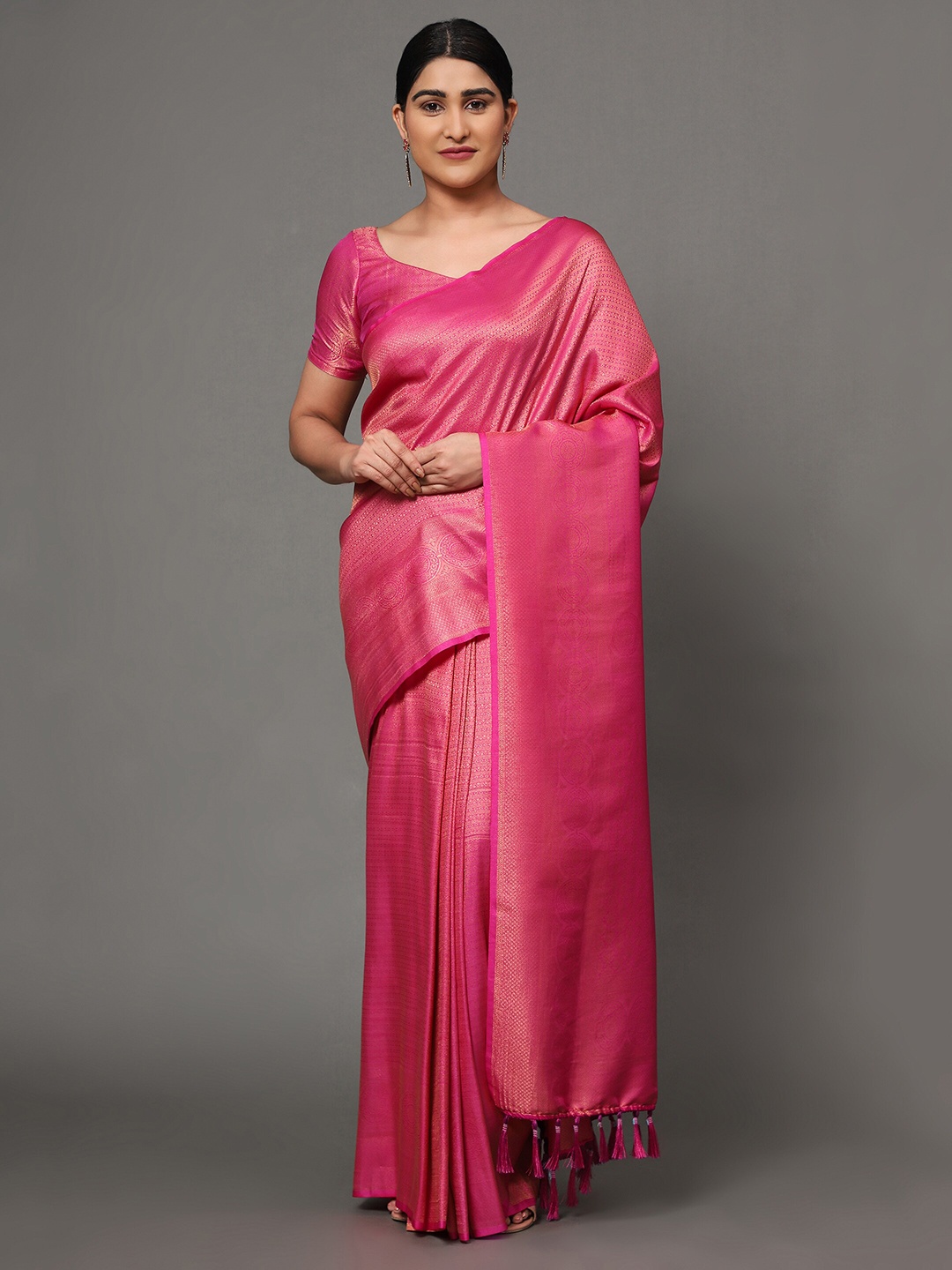 

Ekta Textiles Pink & Grey Ethnic Motifs Zari Pure Silk Banarasi Saree