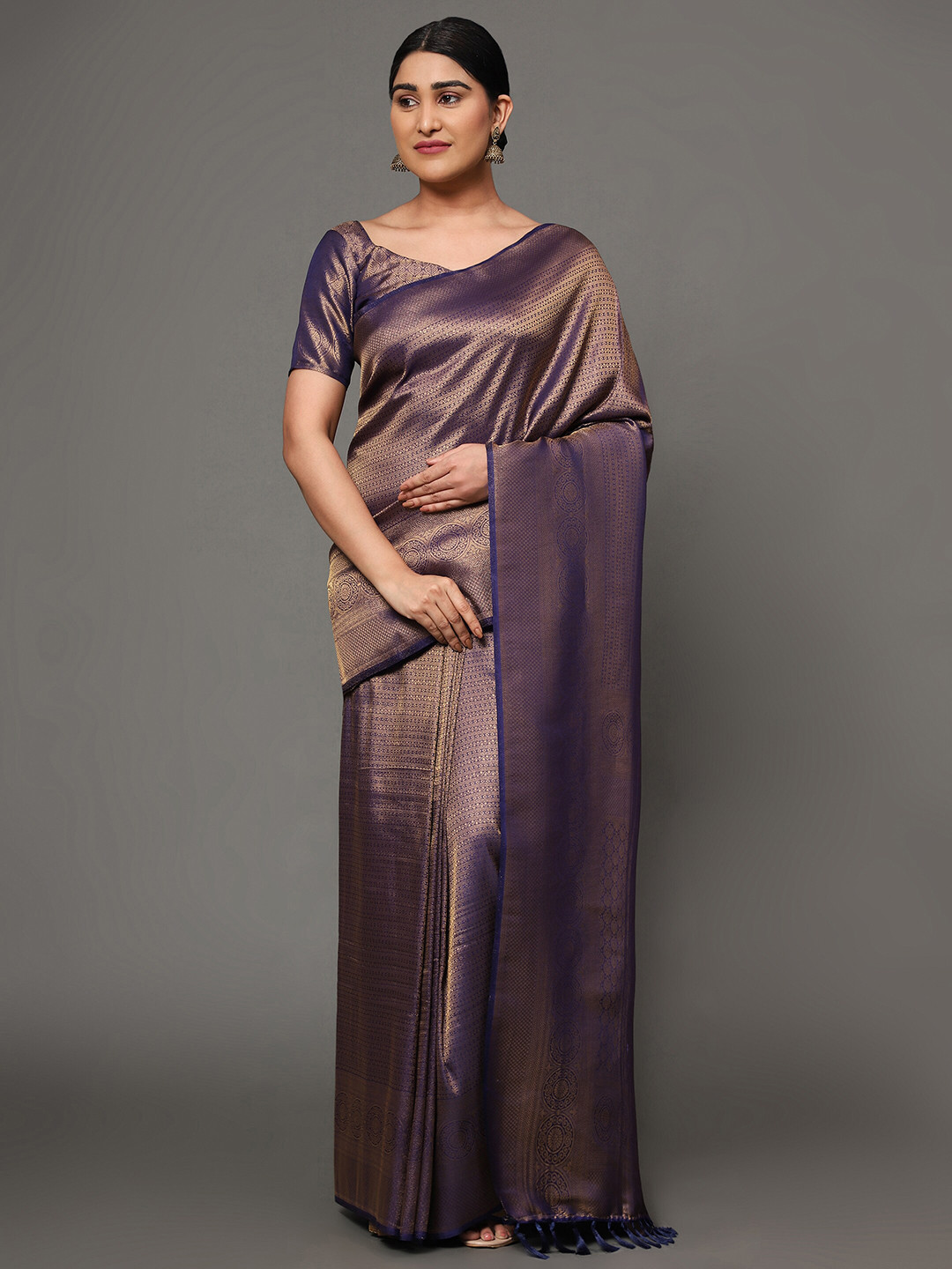 

Ekta Textiles Blue & Gold-Toned Woven Design Zari Pure Silk Banarasi Saree