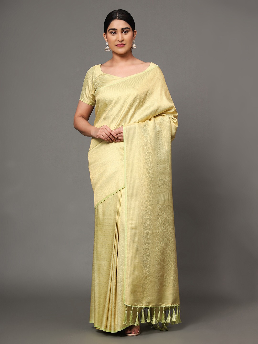 

Ekta Textiles Green & Gold-Toned Woven Design Zari Pure Silk Banarasi Saree