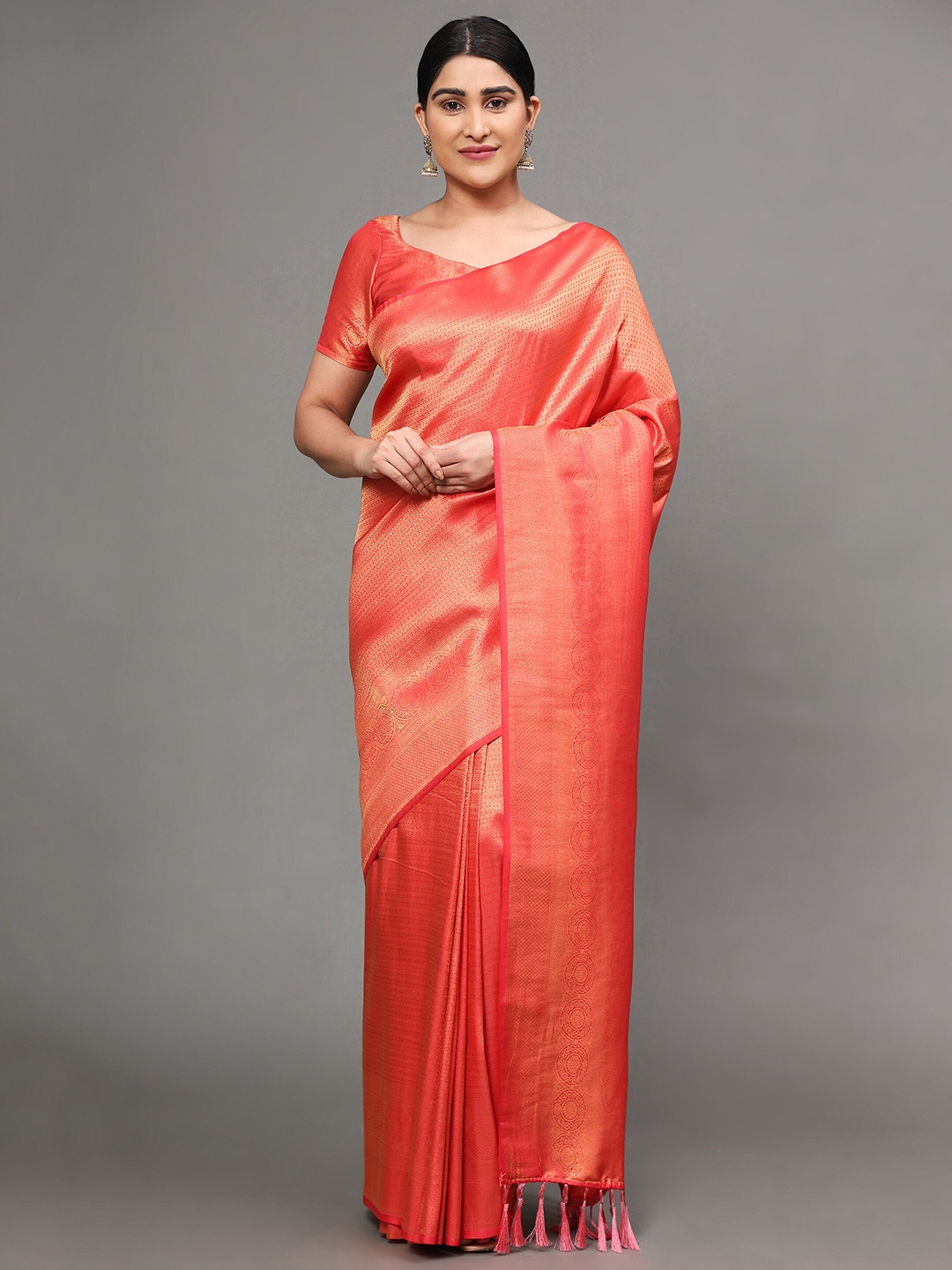 

Ekta Textiles Red & Gold-Toned Woven Design Zari Pure Silk Banarasi Saree