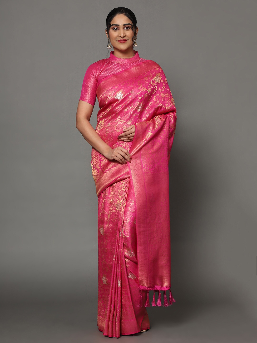 

Ekta Textiles Pink & Gold-Toned Floral Zari Pure Silk Banarasi Saree