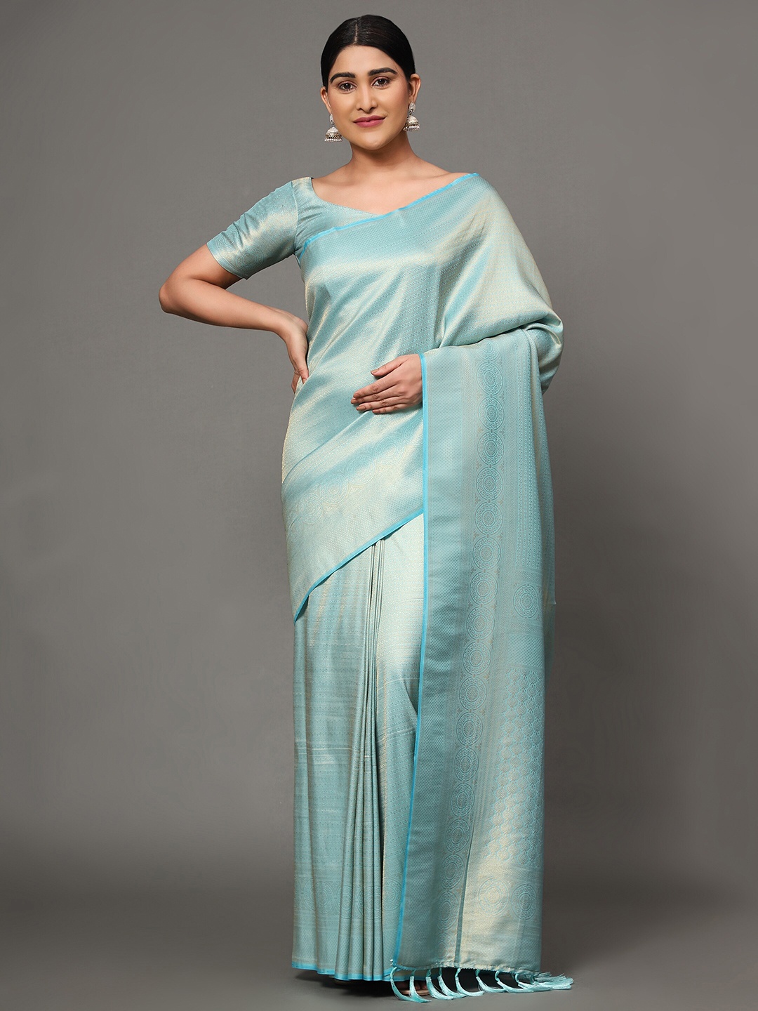 

Ekta Textiles Sea Green & Gold-Toned Woven Design Zari Pure Silk Banarasi Saree