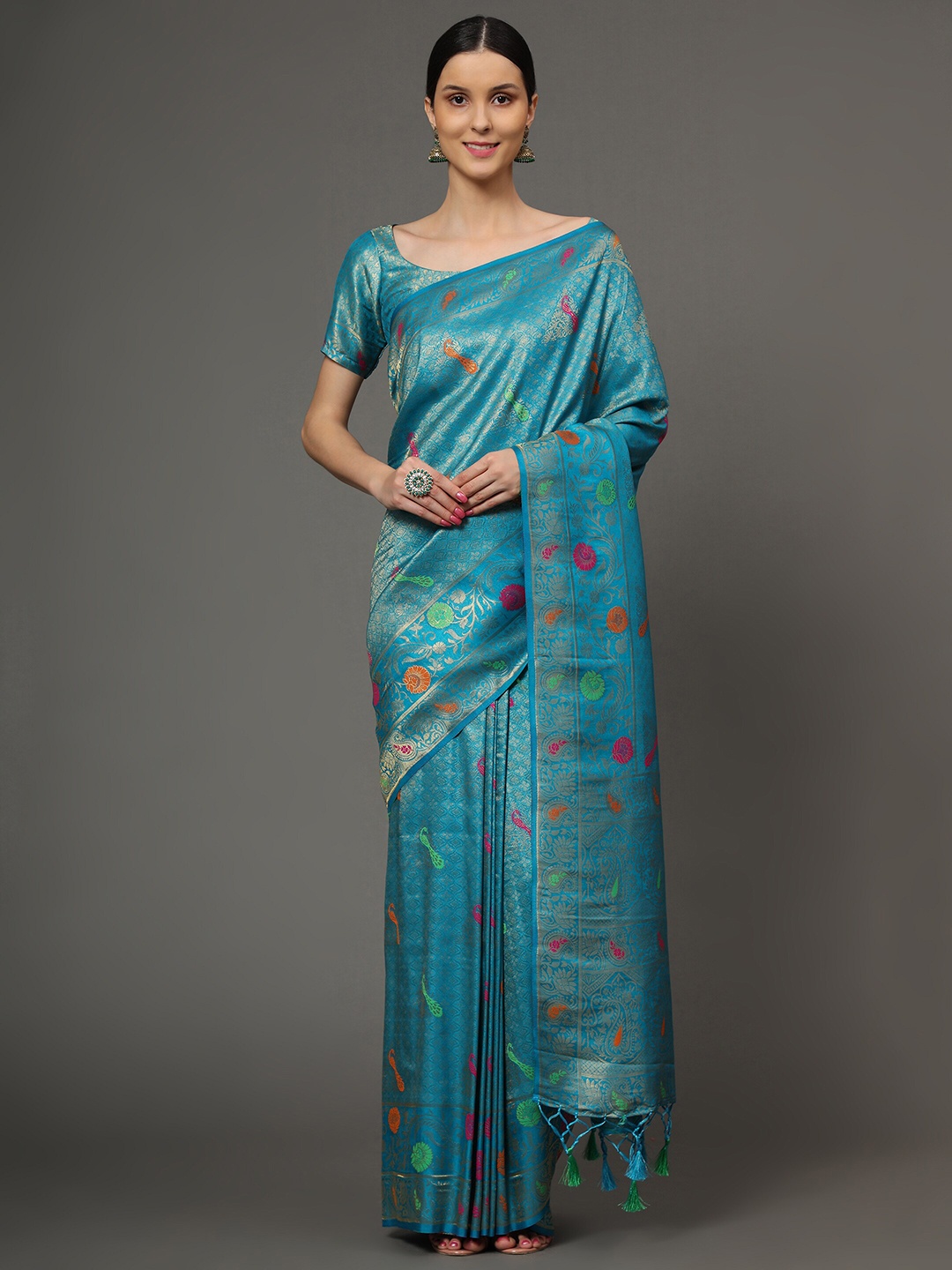 

Ekta Textiles Turquoise Blue & Gold-Toned Floral Zari Pure Silk Banarasi Saree