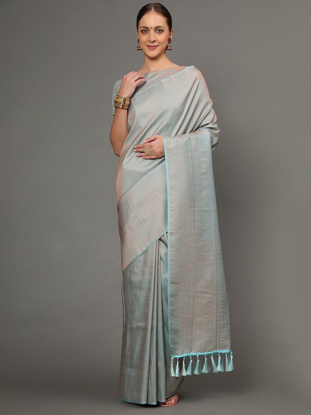 

Ekta Textiles Grey & Gold-Toned Woven Design Zari Pure Silk Banarasi Saree