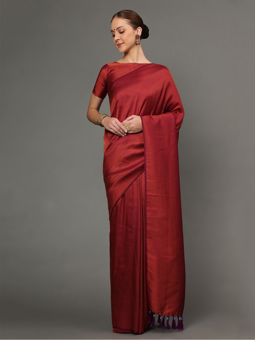 

Ekta Textiles Maroon Woven Design Zari Pure Silk Banarasi Saree