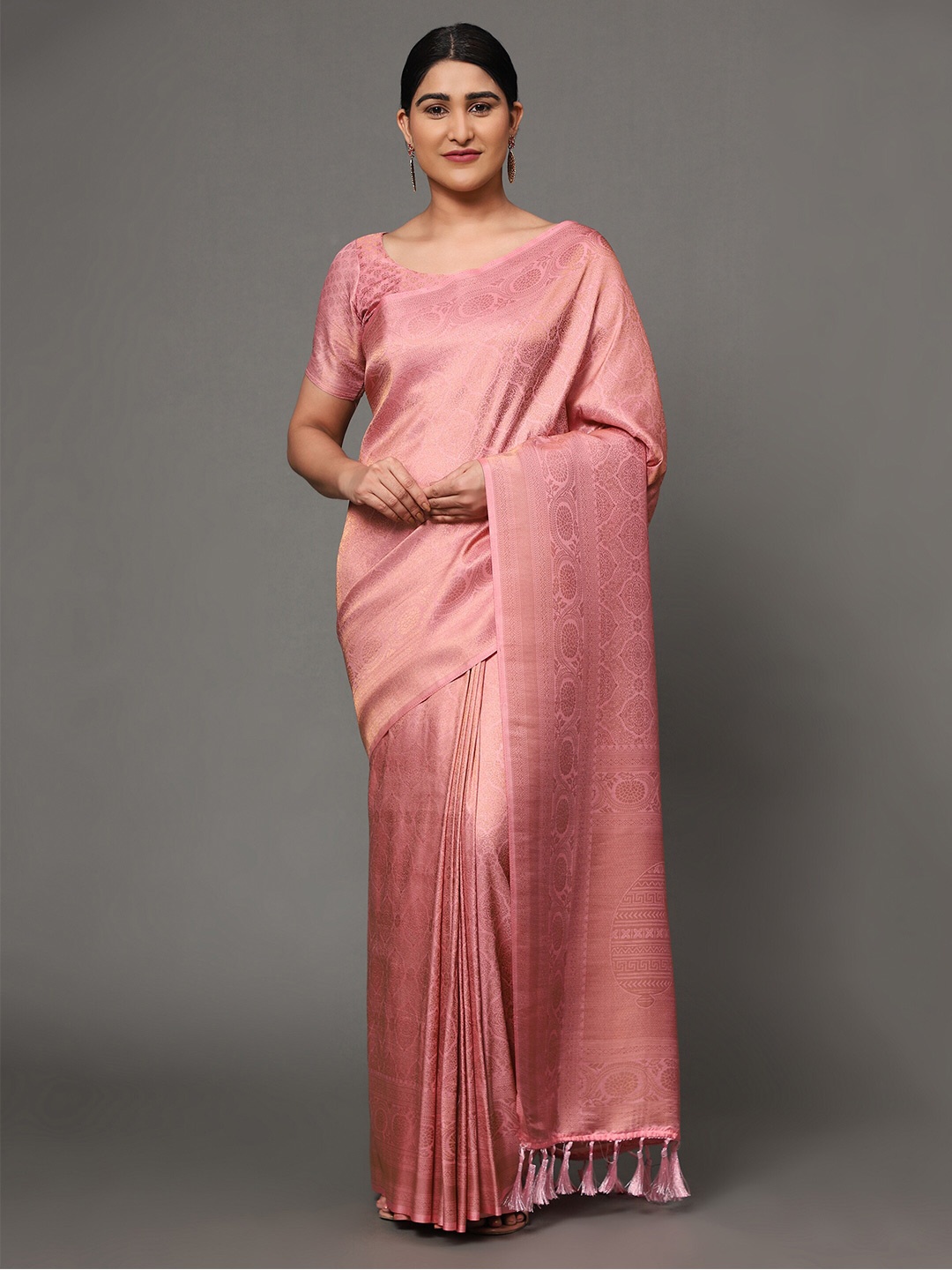 

Ekta Textiles Pink & Gold-Toned Woven Design Zari Pure Silk Banarasi Saree