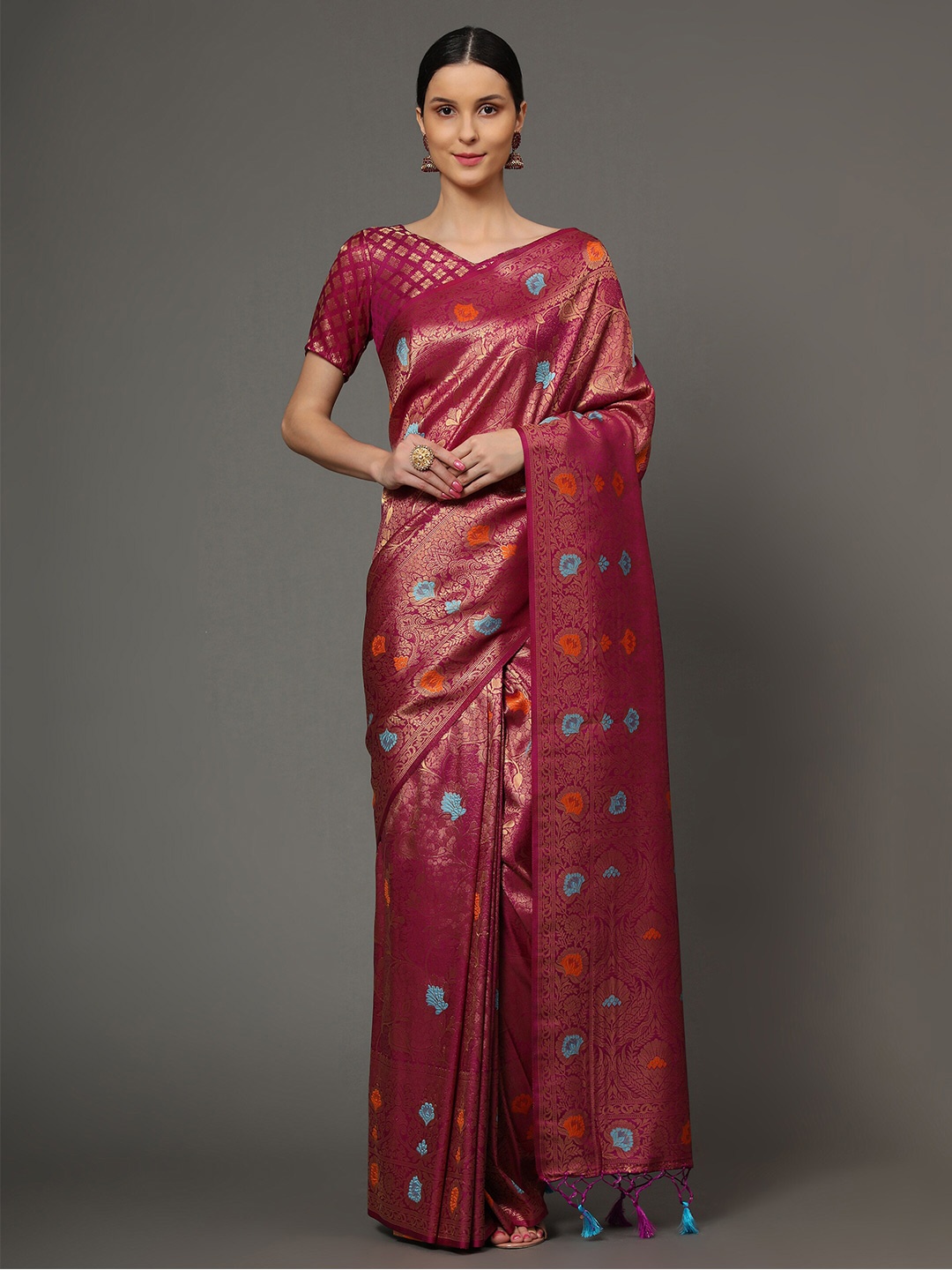

Ekta Textiles Magenta & Orange Woven Design Zari Pure Silk Banarasi Saree