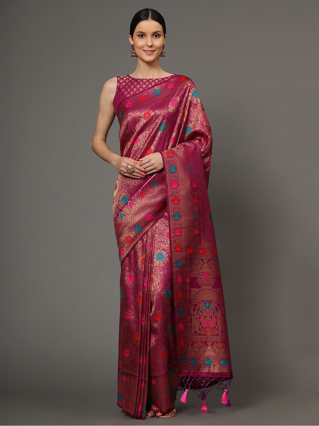 

Ekta Textiles Magenta & Pink Ethnic Motifs Zari Pure Silk Banarasi Saree
