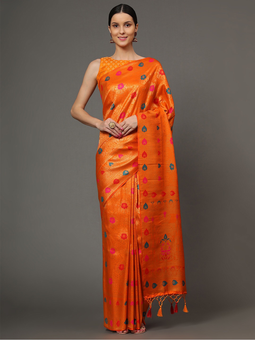 

Ekta Textiles Orange & Green Ethnic Motifs Zari Pure Silk Banarasi Saree