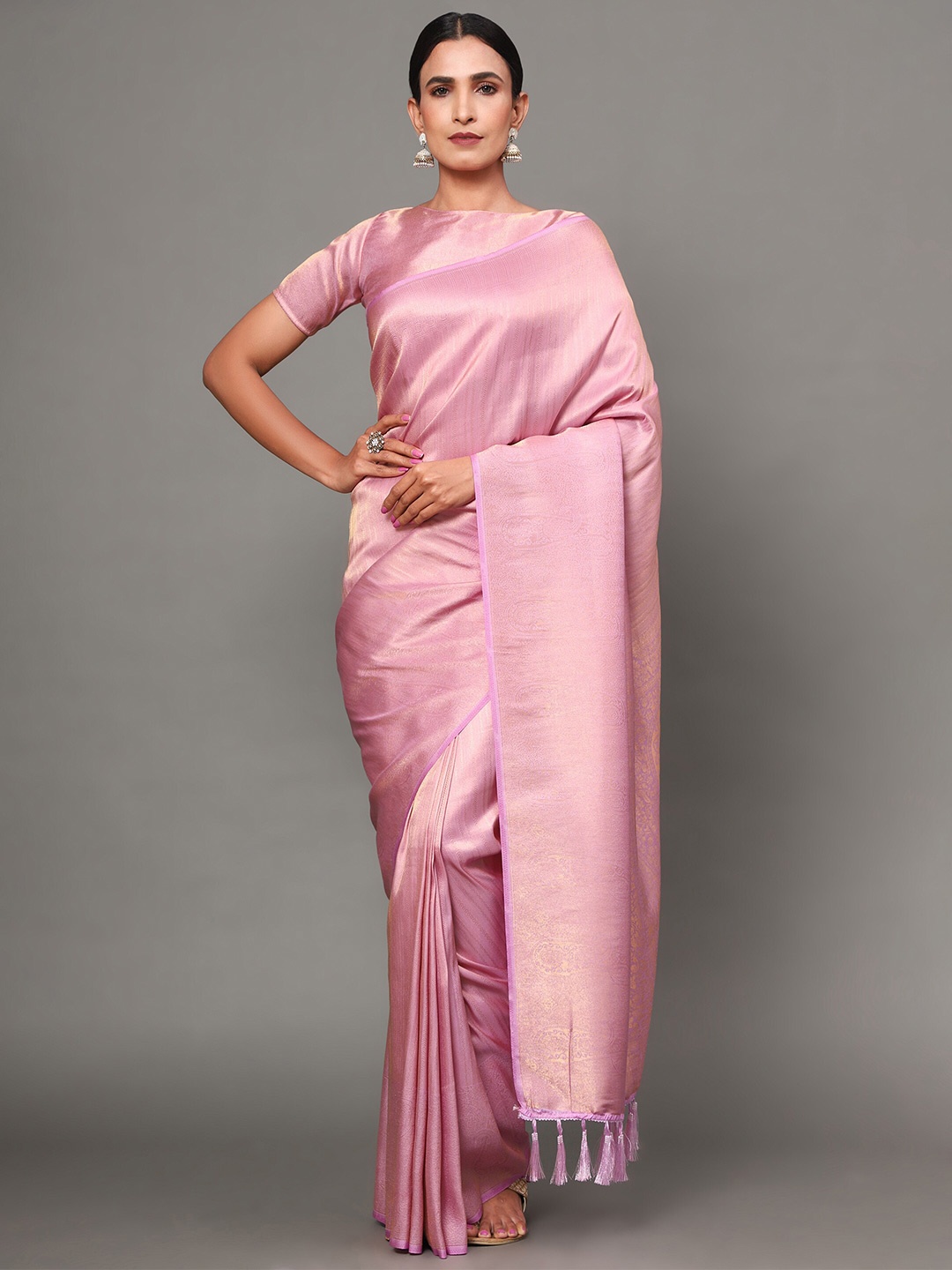 

Ekta Textiles Purple & Gold-Toned Woven Design Zari Pure Silk Banarasi Saree