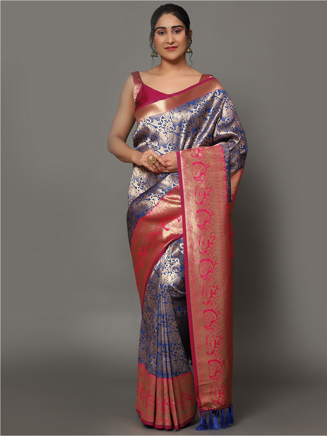 

Ekta Textiles Pink & Blue Paisley Zari Pure Silk Banarasi Saree