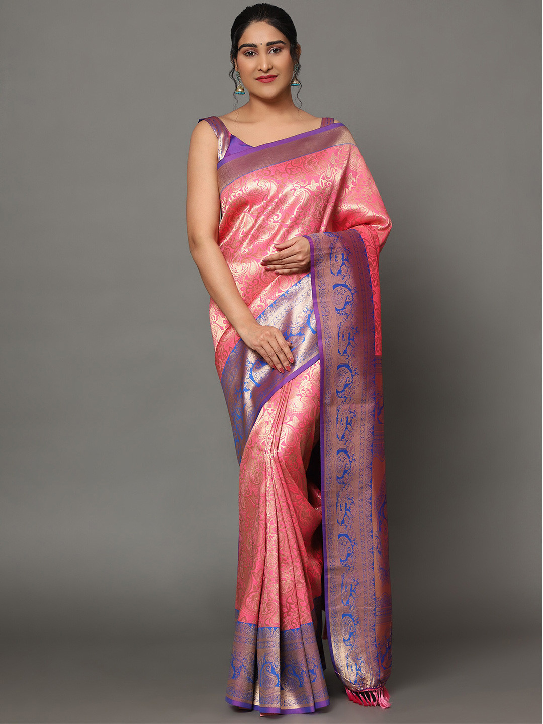 

Ekta Textiles Blue & Peach-Coloured Paisley Zari Pure Silk Banarasi Saree