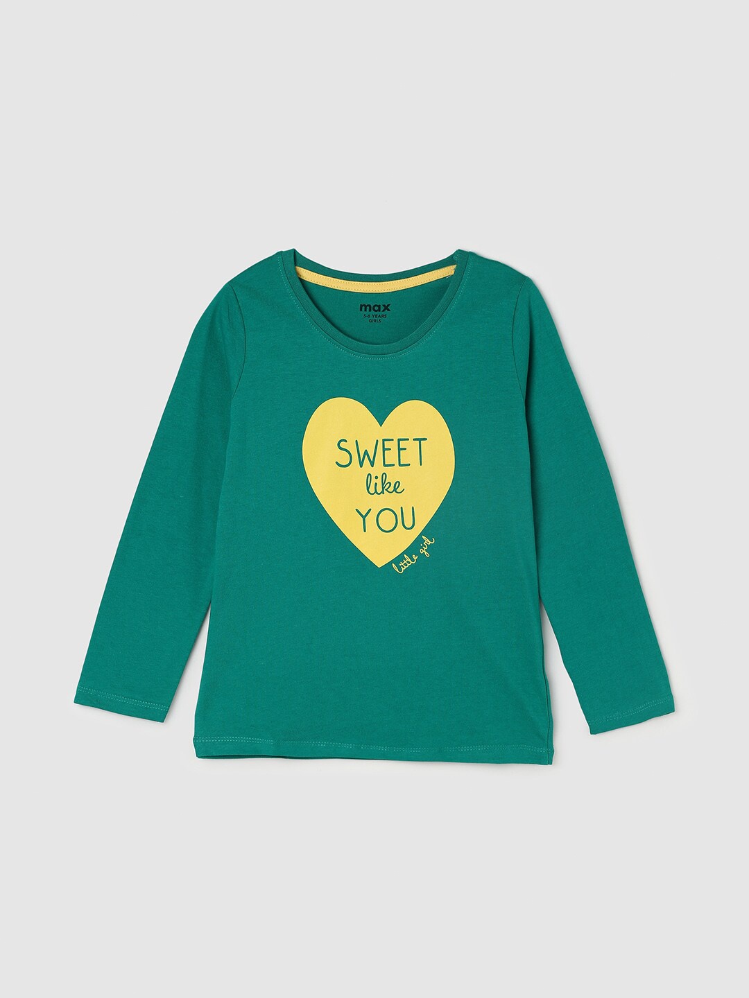 

max Girls Green & Yellow Typography Printed Cotton T-shirt