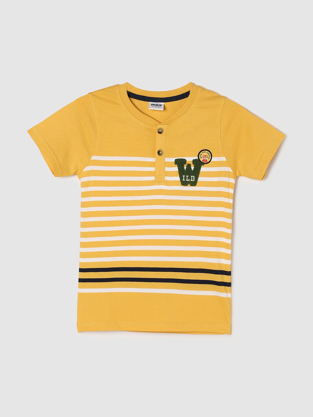 

max Boys Yellow & White Striped Henley Neck Cotton T-shirt