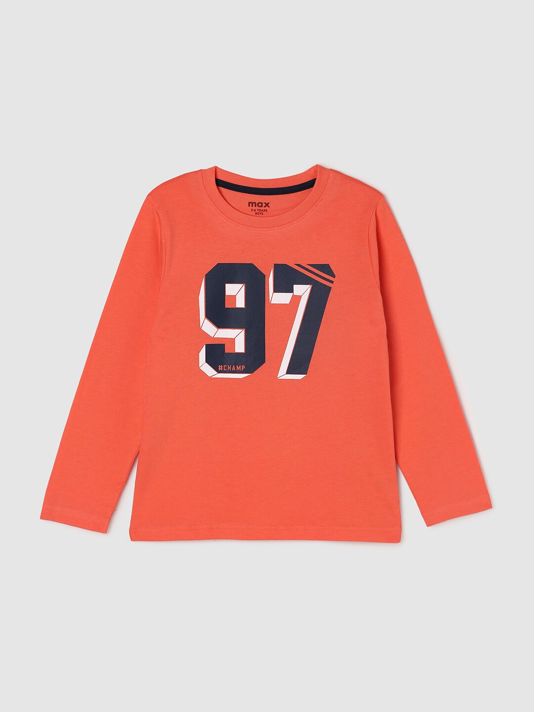 

max Boys Coral & Navy Blue Varsity Printed Cotton T-shirt