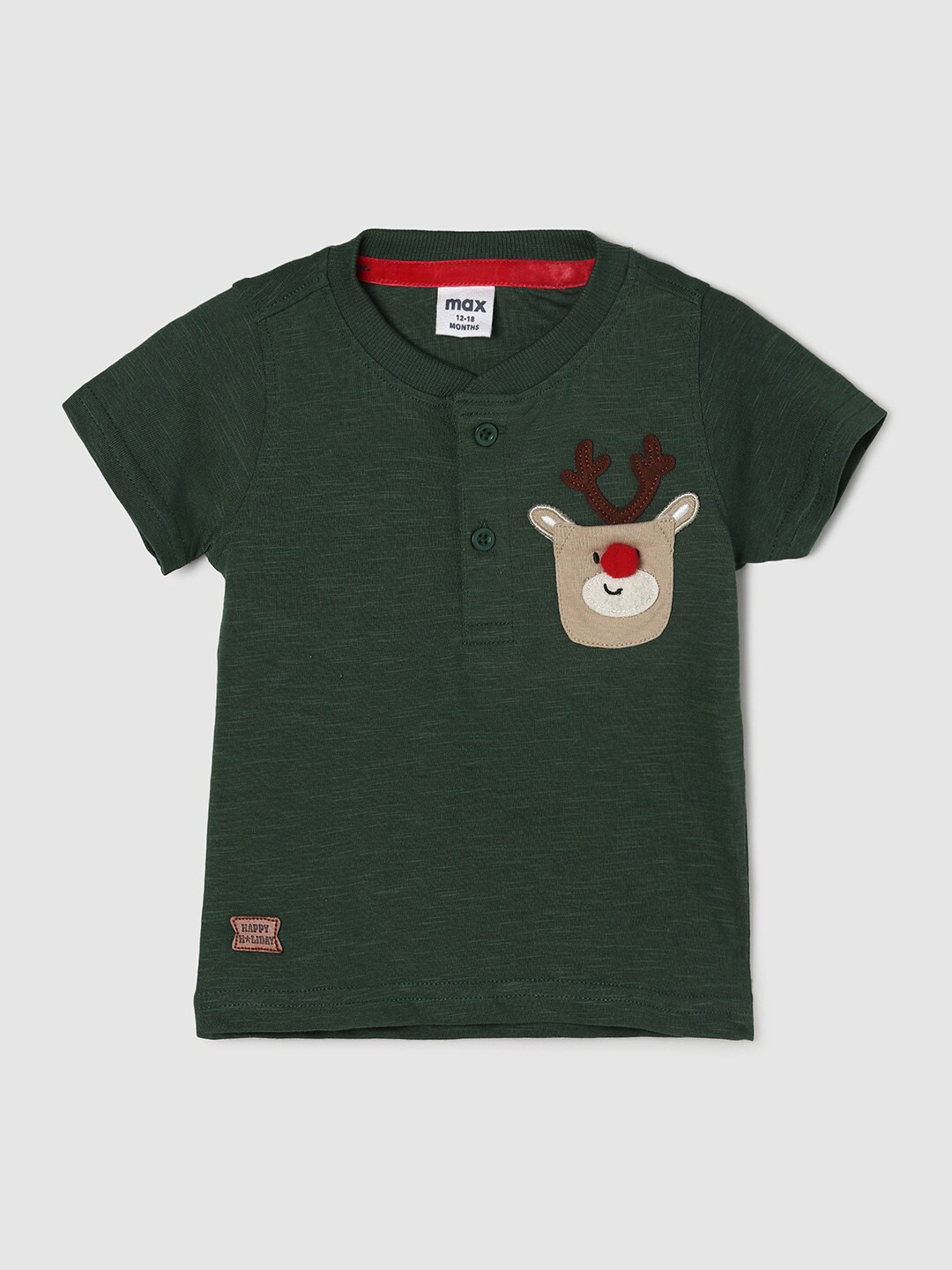 

max Boys Green Self Design Applique Cotton T-shirt
