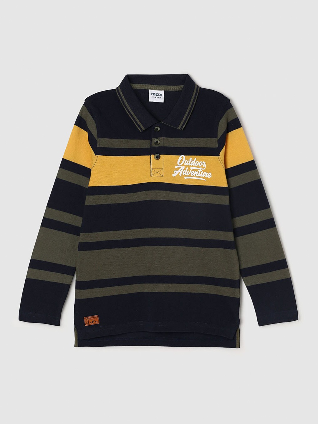 

max Boys Olive Green & Yellow Striped Pure Cotton Polo Collar T-shirt