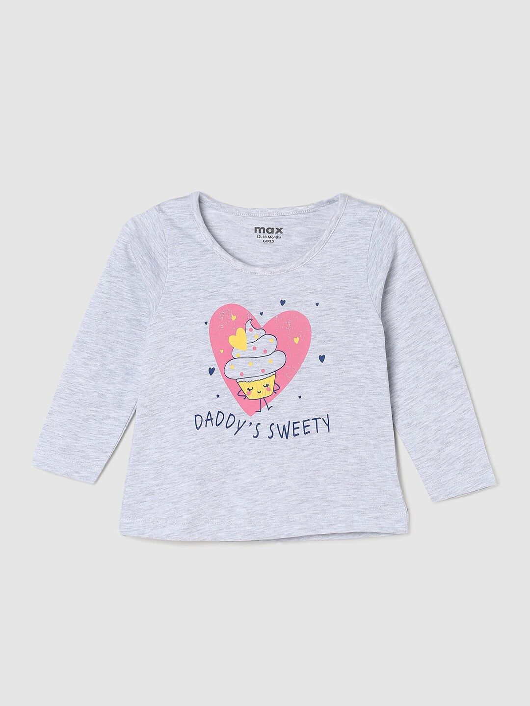 

max Girls Grey Melange & Pink Printed Cotton Long Sleeves T-shirt