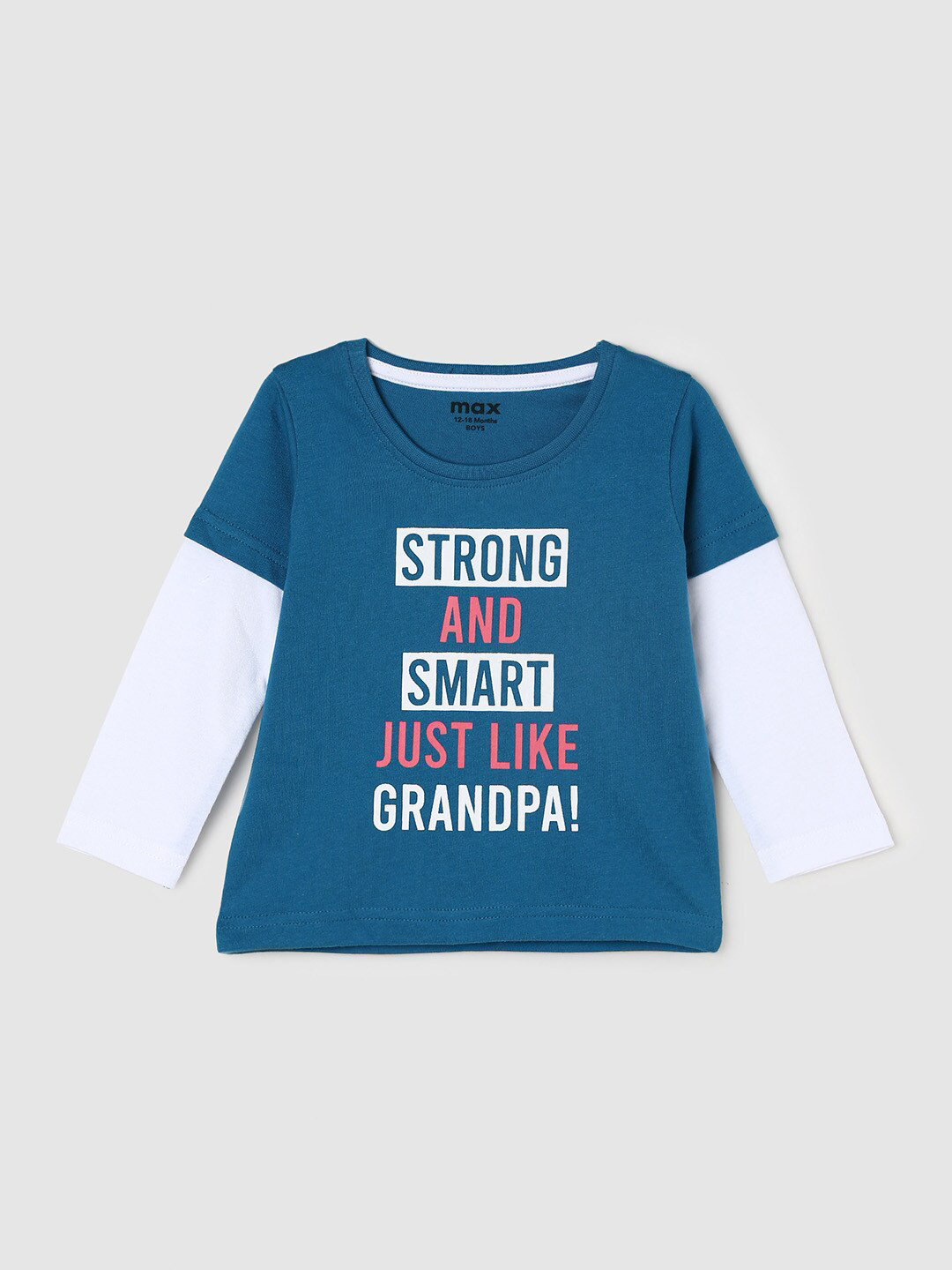 

max Boys Teal & White Printed Cotton Long Sleeves T-shirt