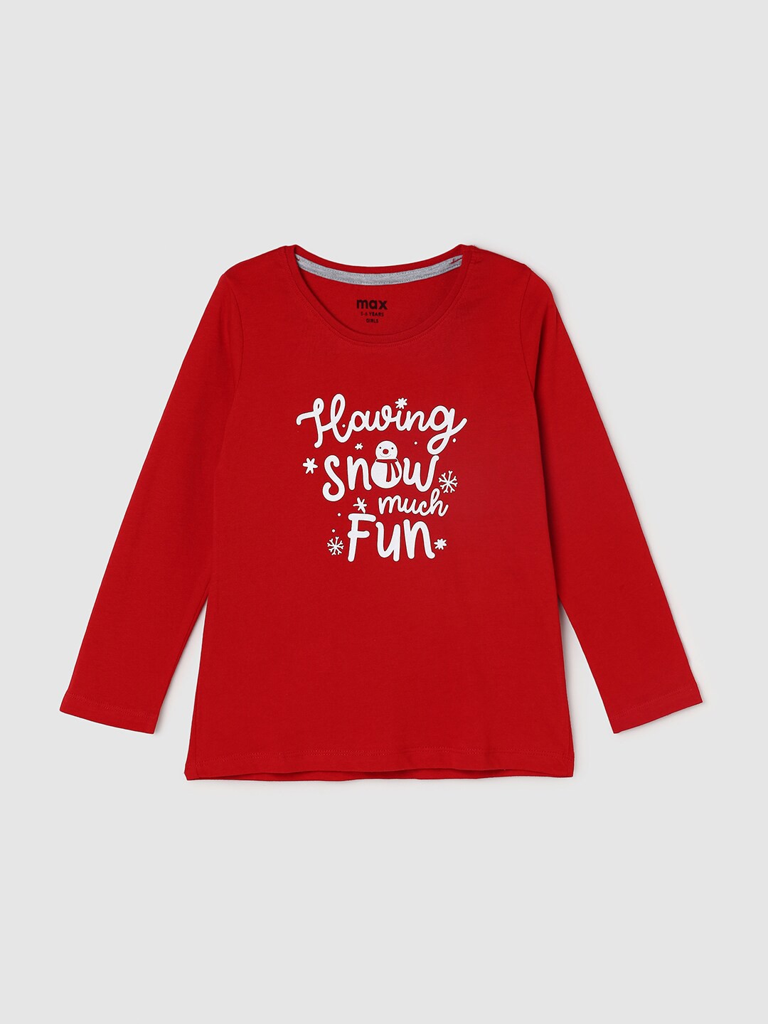 

max Girls Red Typography Printed Cotton Long Sleeves T-shirt