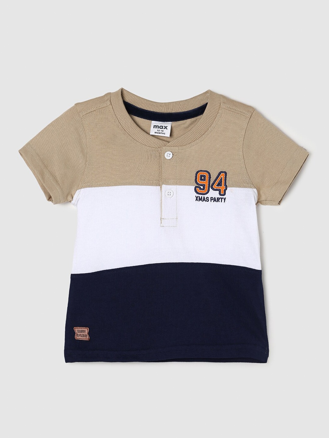 

max Boys Beige & White Colourblocked Cotton Henley Neck T-shirt