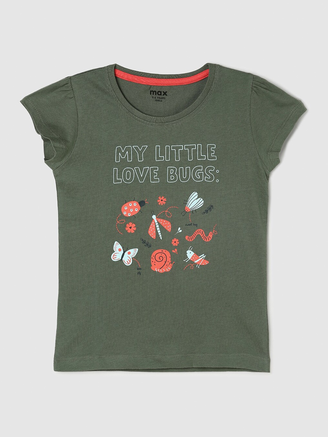 

max Girls Olive Green & Coral Typography Printed Pure Cotton T-shirt