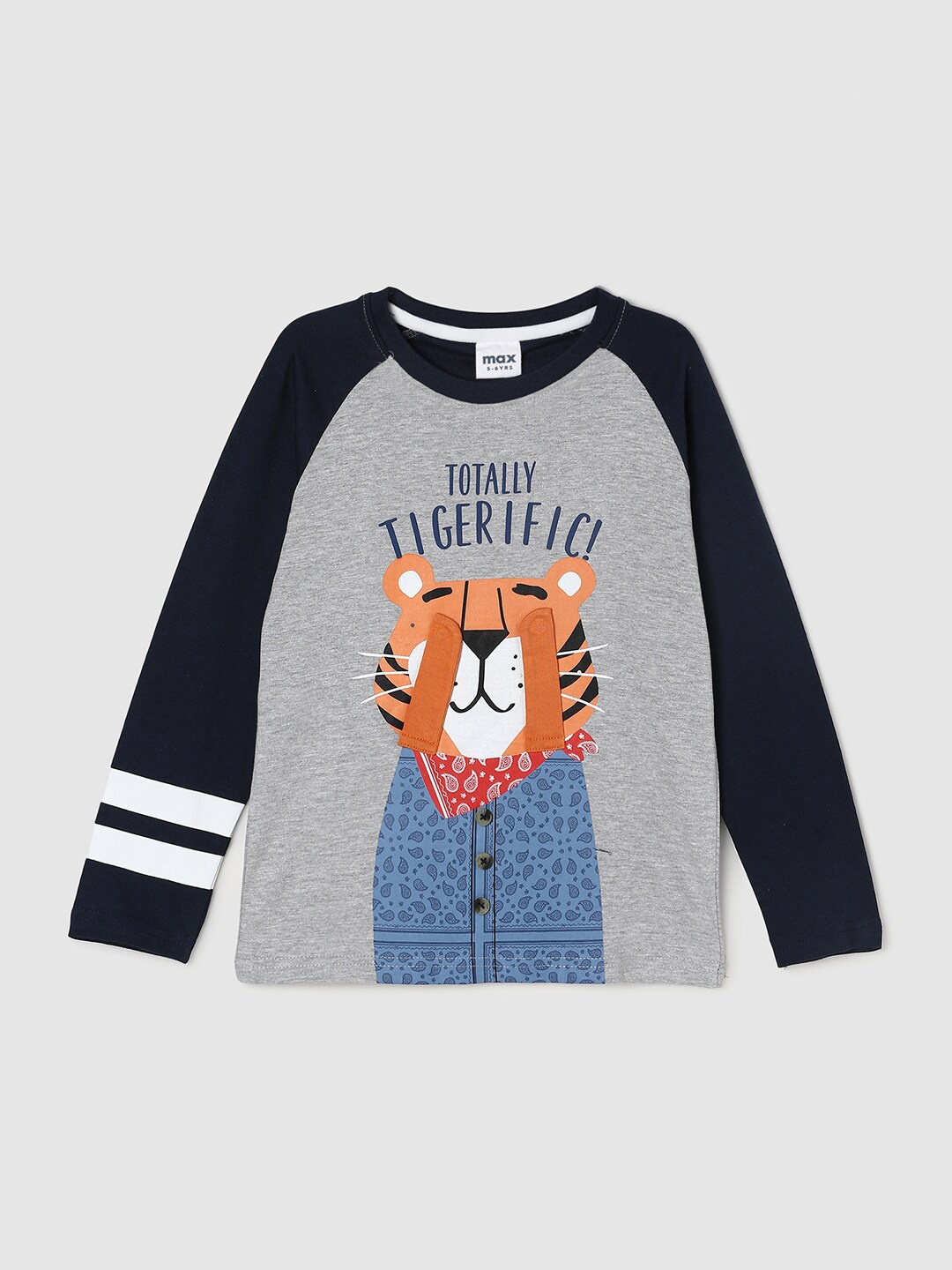 

max Boys Grey Melange & Navy Blue Printed Cotton Long Sleeves T-shirt