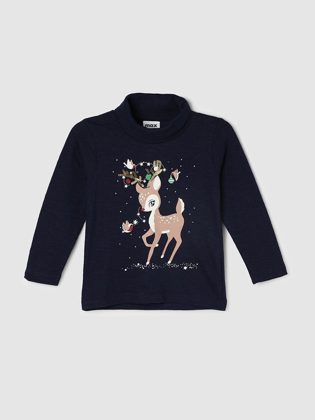 

max Girls Navy Blue & Beige Printed Cotton Turtle Neck T-shirt