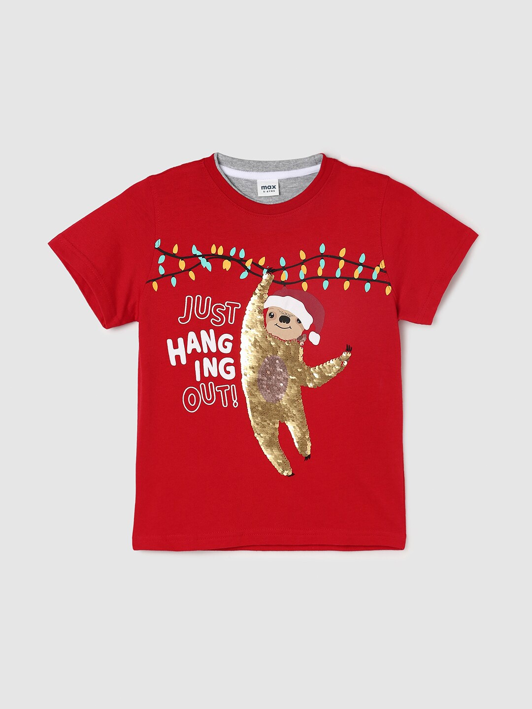 

max Boys Red & Gold Embellished Cotton Round Neck T-shirt