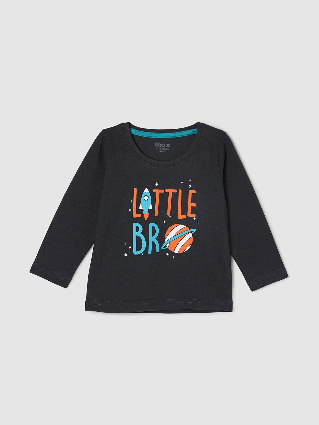

max Boys Charcoal Typography Printed Cotton Long Sleeves T-shirt