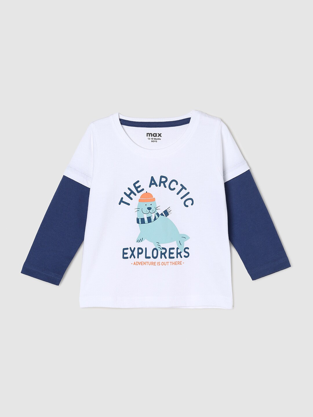 

max Infant Boys White & Navy Blue Typography Printed Cotton T-shirt