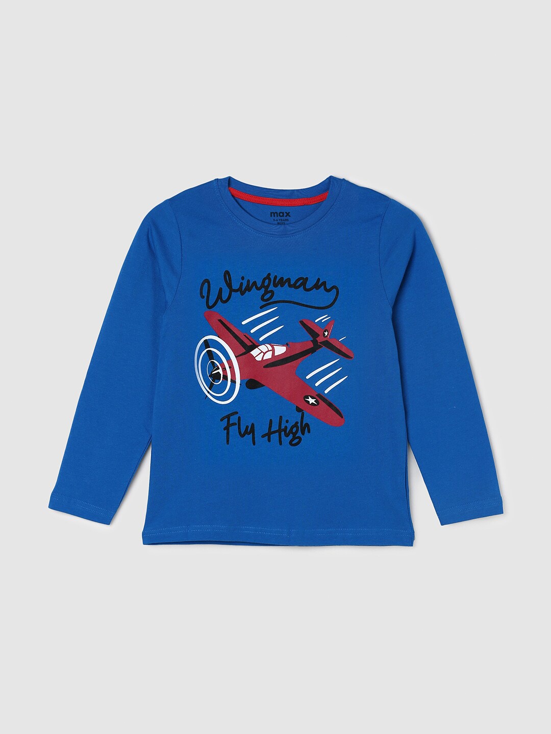 

max Boys Blue & Red Printed Cotton T-shirt