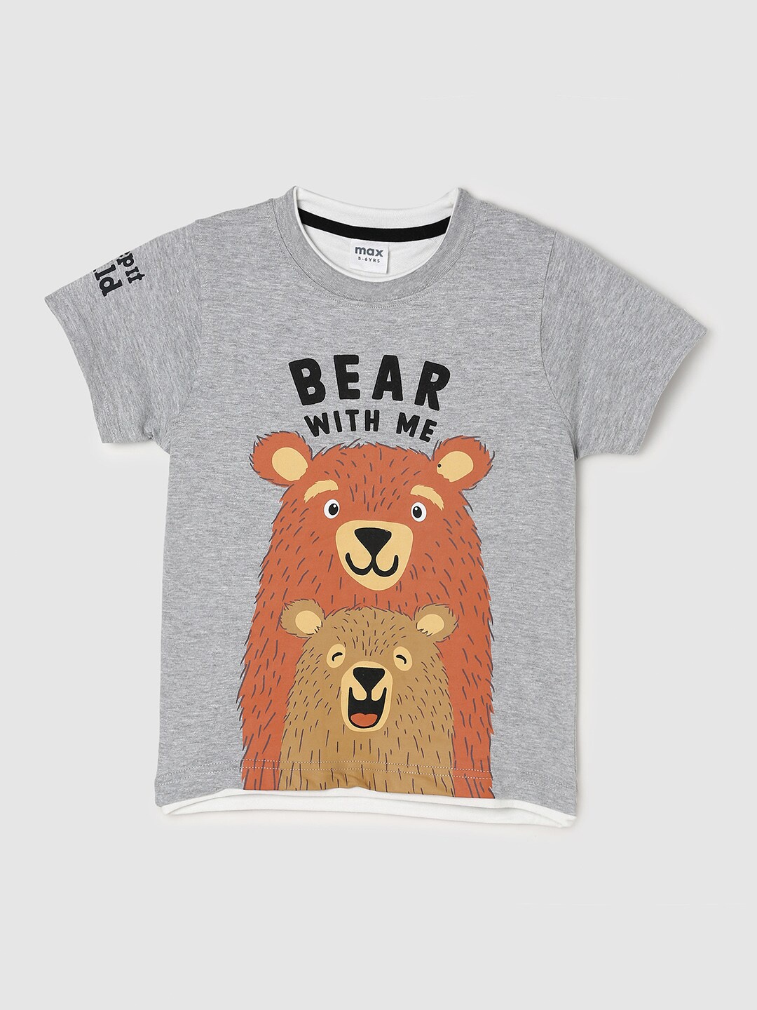 

max Boys Grey Melange & Brown Printed Cotton T-shirt