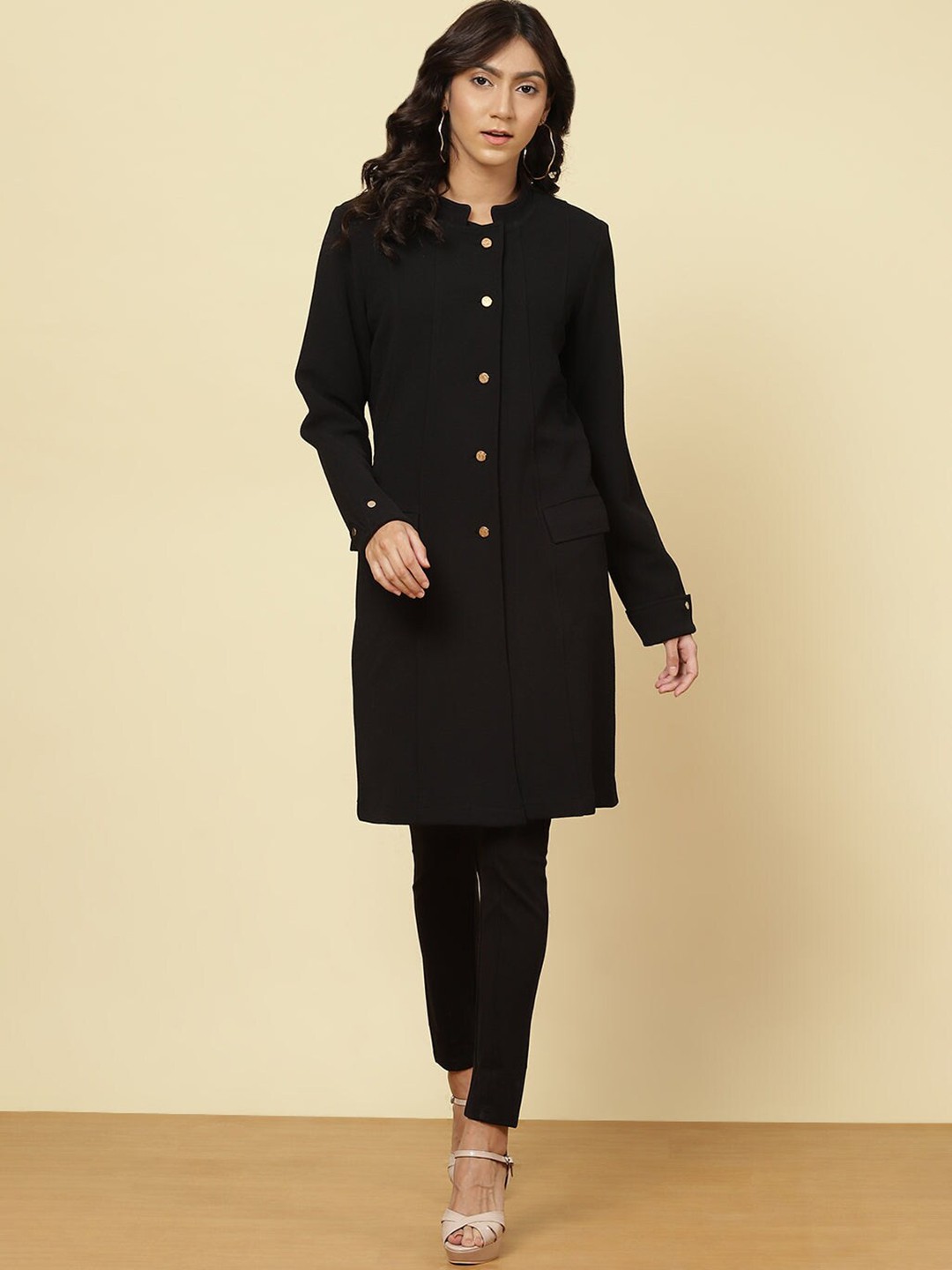 

Lakshita Women Black Solid Fleece Chester Coat